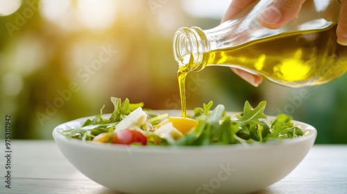 A hand drizzling olive oil over a fresh salad bowl, highlighting vibrant greens and colorful vegetables in a sunny setting.