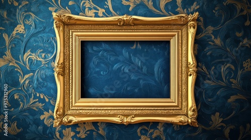 Ornate Gold Frame on Blue Damask Background.