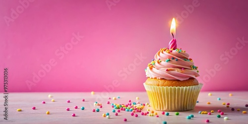 Vibrant cupcake adorned with a towering candle, surrounded by a deluge of sparkling sprinkles against a pink canvas