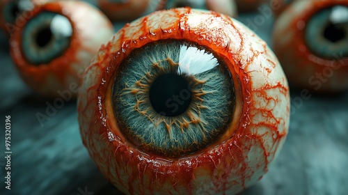 Close-up of a bloodshot eyeball with realistic veins and intense detail, creating a gruesome and unsettling visual in a horror theme