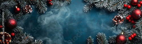 A blue background with pine branches, red ornaments, pine cones, and berries. There is white smoke emanating from the branches.