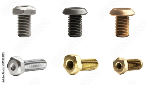 Variety of metallic bolts and fasteners displayed, isolated on transparent background