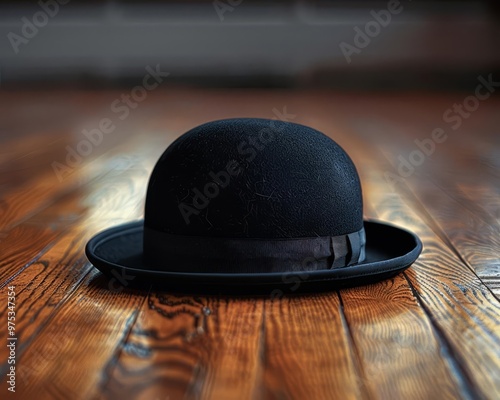 A minimalist image of a classic black bowler hat resting on a polished wooden surface