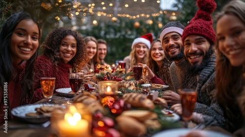 Diverse group of friends enjoying festive holiday dinner outdoors at night