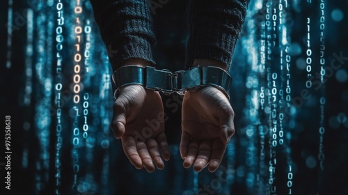 hands in handcuffs surrounded by binary code representing cybercrime and arrest