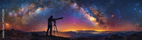 Person using a telescope to observe distant galaxies, night sky, wide angle