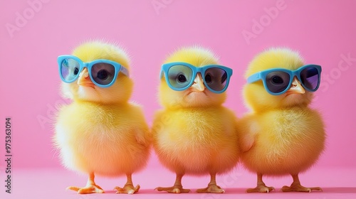 Fun-loving yellow Easter chicks in blue sunglasses stand together on a pink backdrop, embodying the spirit of the