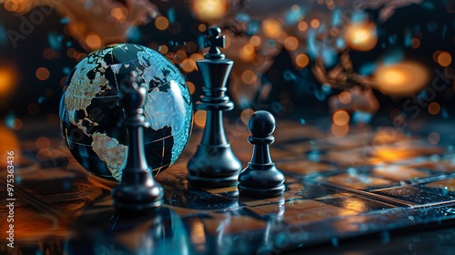 The world globe with chess pieces geopolitics and economic crisis