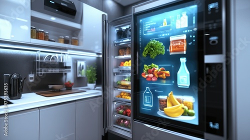 A high-tech smart fridge with a touchscreen interface, displaying groceries and recipes while kitchen appliances surround it.