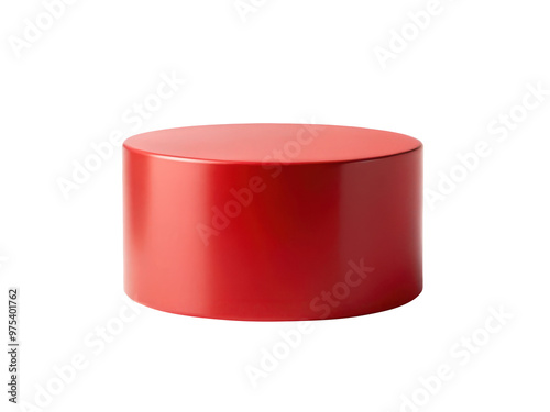 Red cylindrical pedestal with a smooth glossy finish, designed for showcasing products or decor items. Ideal for exhibitions and retail settings. Isolated on transparent background, png.