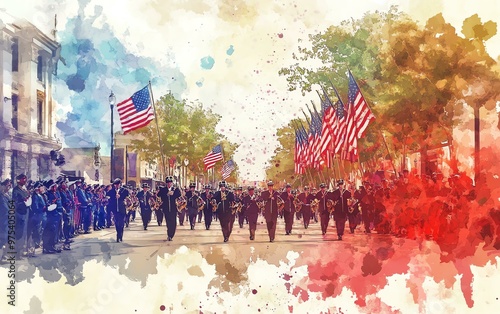 Watercolor painting of a patriotic parade featuring American flags, marching band, and spectators on a street lined with trees.