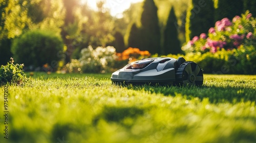 Robotic Lawn Mower Cutting Grass in a Well-Maintained Garden