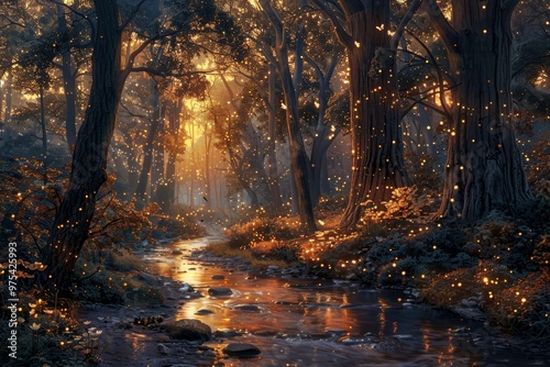 A tranquil forest scene at sunset with shimmering light, a gentle stream, and glowing elements creating a magical atmosphere.