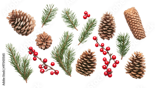 Flat Lay Christmas Composition with Pine Branches, Red Berries, and Pine Cones on White Background for Card Design