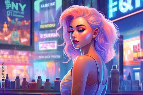 A stylish woman in a vibrant urban setting with neon lights.