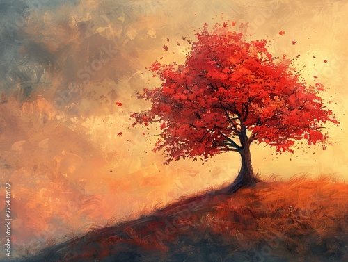 A lone tree with vibrant red leaves stands on a hill against a misty, golden sky.