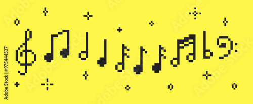 Set of music notes, thunder, clef and melody icon in pixel art. Retro vector illustration.