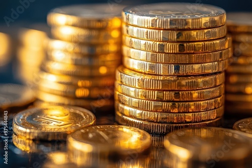 elegant still life of stacked gold coins in various denominations with intricate details and reflections symbolizing wealth and financial success