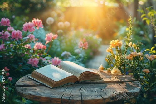 An open book rests on a wooden table in a lush, sunlit garden filled with vibrant flowers.