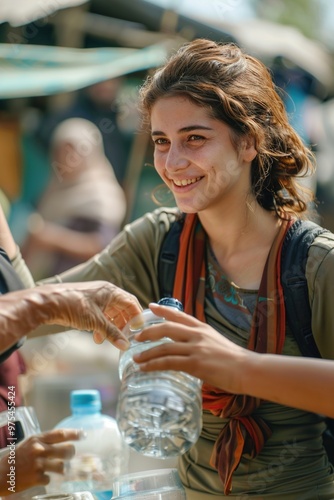 A humanitarian aid worker handing out water bottles to survivors, with a reassuring smile and a sense of hope in their expression.