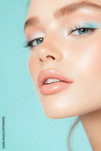 woman wearing pastel teal eyeshadow with soft mauve lips, shot against a pale blue backdrop