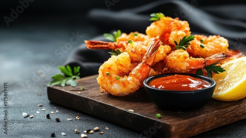 Deliciously fried shrimp served with tangy sauce and lemon, perfect for seafood lovers and culinary enthusiasts.