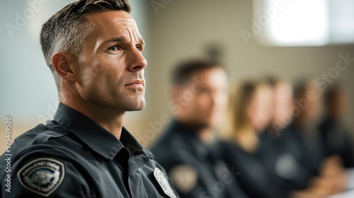 A focused police officer attending a training session, showcasing dedication and professionalism in law enforcement.