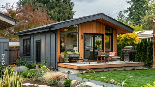 Accessory Dwelling Unit (ADU) A Small House or Studio Residence. Concept Tiny Home, Backyard Cottage, Granny Flat, Converted Garage