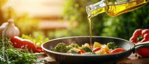 Fresh vegetables being sauteed in olive oil, highlighting vibrant colors and healthy cooking in a sunlit kitchen.