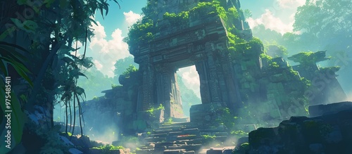 Artistic depiction of the hidden beauty of ancient temple ruins nestled in a lush jungle forest