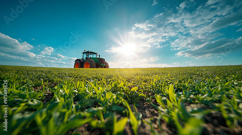 Tractor in a Green Field with a Sunny Sky - Realistic Image