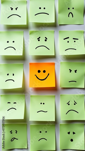 Happy face among various negative emotions on sticky notes: a concept representing a positive attitude.