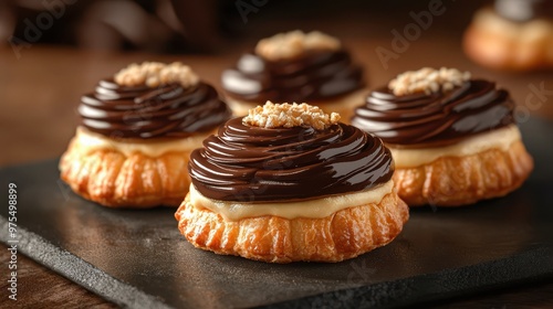 Custard-filled choux pastry topped with smooth chocolate captured in a photorealistic shot showcasing rich textures and indulgence