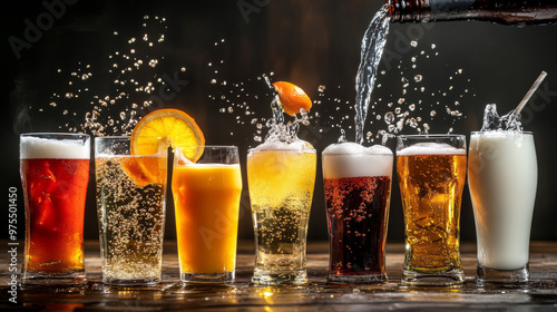 Photo collection of drinks being poured: soft drink can, beer, wine, water, orange juice, and milk.