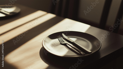 Empty Plate with Cutlery on Wooden Table, Fasting Concept, Sunlight and Shadows