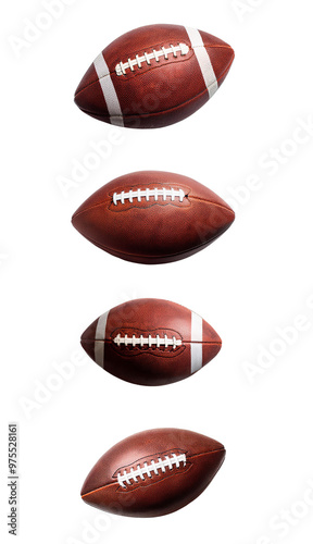 Vertical arrangement of four leather American footballs on white background, showcasing different angles and orientations.