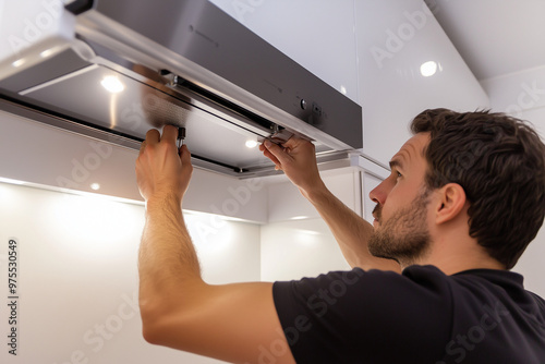 Professional technician installing a modern range hood in a kitchen, ensuring proper ventilation and functionality. A focused moment of home appliance installation and setup