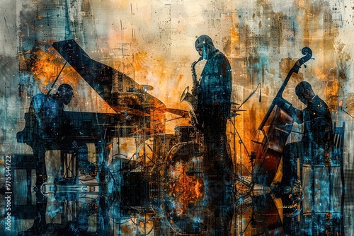 jazz trio silhouette in abstract urban backdrop - photo collage / composition dedicated to jazz