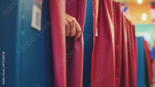 A close up of hand pulling back voting booth curtain, revealing vibrant colors of booth. This image captures anticipation and importance of participating in electoral process