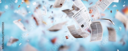 Falling Newspapers On Blue Background.