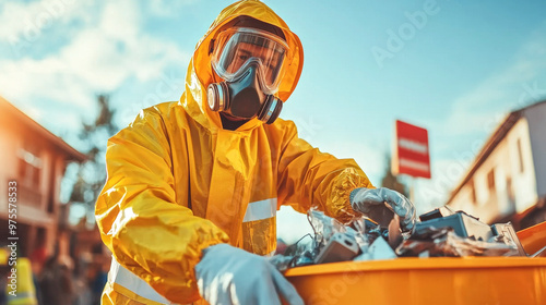 Guardian of Clean Streets: A dedicated sanitation worker in a hazmat suit diligently collects hazardous waste, highlighting the vital role of essential workers in maintaining public health and safety.