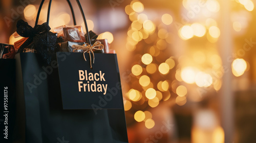 Black Friday shopping bag filled with gifts against a festive bokeh background