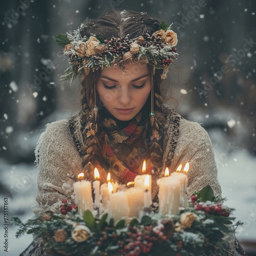 Woman holding candles with fir branches and bokeh lights. Pagan New Year celebration concept. Image for event poster and holiday greeting card.