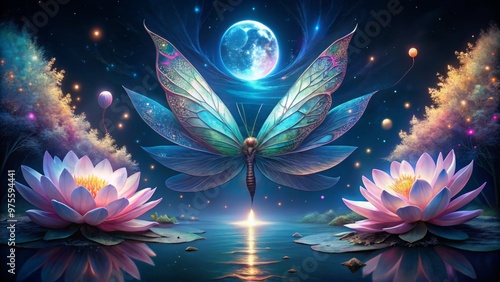 Whispers of iridescent wings unfold from shimmering lotus petals, tendrils curling like whispers of a mystical forest creature, midnight skyward.