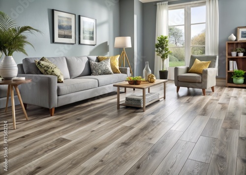 Warm-toned wood grain pattern laminate flooring with subtle texture, soft gray undertones, and clean-lined wood edges, ideal for modern living spaces with a natural touch.