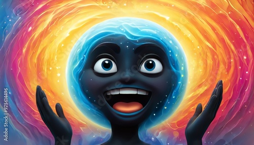 A surreal 3D illustration featuring a character with a glowing blue head and joyful expression. The background is a burst of vibrant colors, creating a sense of wonder and excitement.. AI Generation