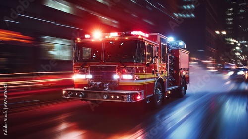 A fire truck speeding through the city, responding to an emergency with lights flashing.