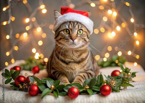 Adorable whiskered feline-model dons festive red and white striped Santa hat, sitting regally on velvet cushion amidst scattered holly leaves and twinkling fairy lights.