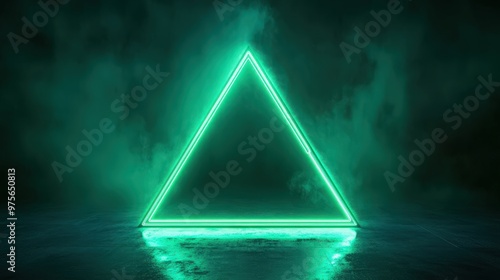 A pulsating green neon tetrahedron, symbolizing a futuristic shape, illuminates as a dynamic light pyramid against a transparent background 