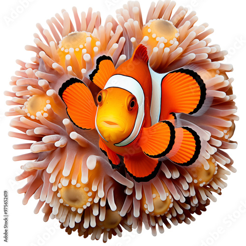 Close-Up Of A Bright Orange Clownfish Nestled In Sea Anemone Underwater